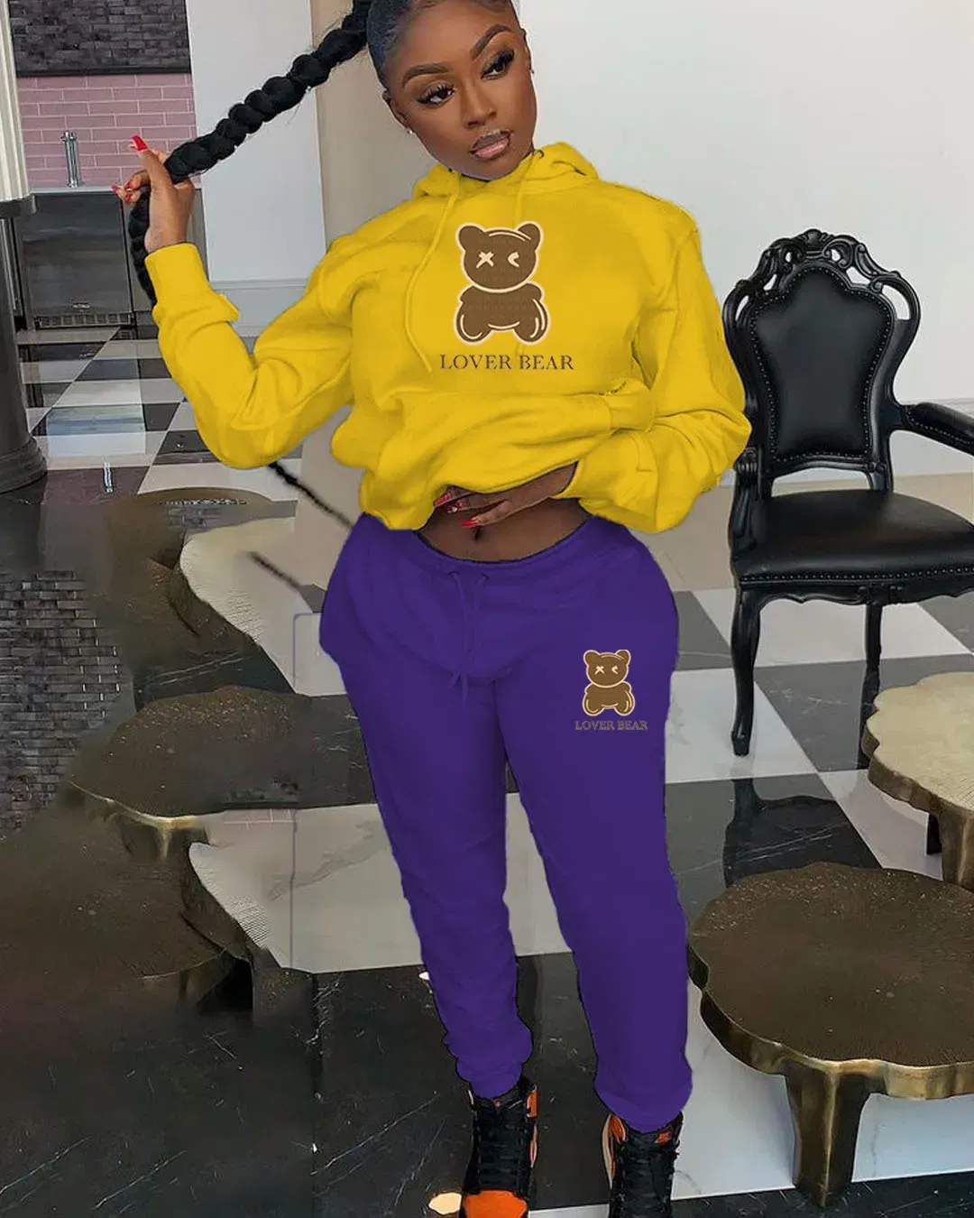 Color: Cyan, Size: L - 2 Piece Set Women Outfit Letter Bear Print Hooded Neck Hoodies Sweatshirt Pants Tracksuit 2024 Plus Size Streetwear Casual Suit