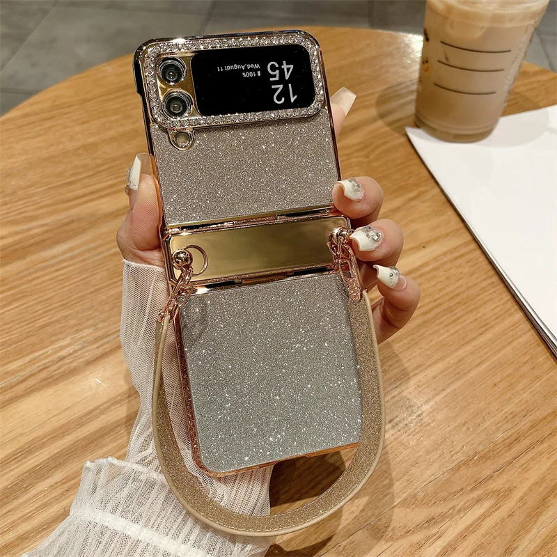Color: Beige, Material: ABS - For Samsung Galaxy Z Flip 6 5 4 3 Case 3D Jewelled Diamond Luxury Gradient Bling Glitter Wrist Strap Holder Tote Bags Cover