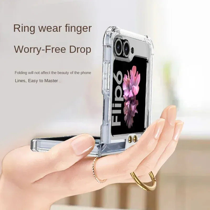 Color: black, Material: aluminum - Electroplated Transparent Airbag Ring Phone Case for Samsung Galaxy Z Flip 6 5 Flip6 Flip5 5G Stand Shockproof Cover