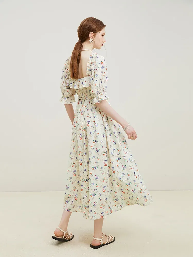 Color: Beige, Size: M - FSLE Square Neck Women Loose 100% Cotton Long Dresses Puff Sleeve Country Style Floral A-LINE Skirts Summer Female Sweet Dress