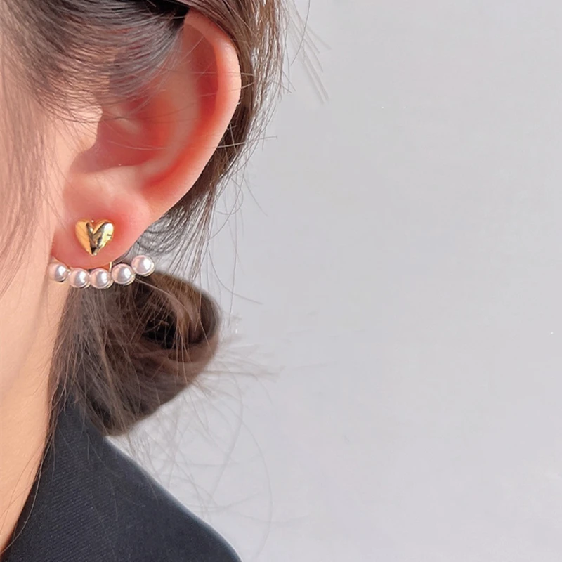 Metal Color: Imitation Rhodium Plated - Imitation Pearl Stud Earrings For Women Alloy Heart Double Sides Back Post Hanging Ear Cuff Valentine's Day Jewelry Girl Gift