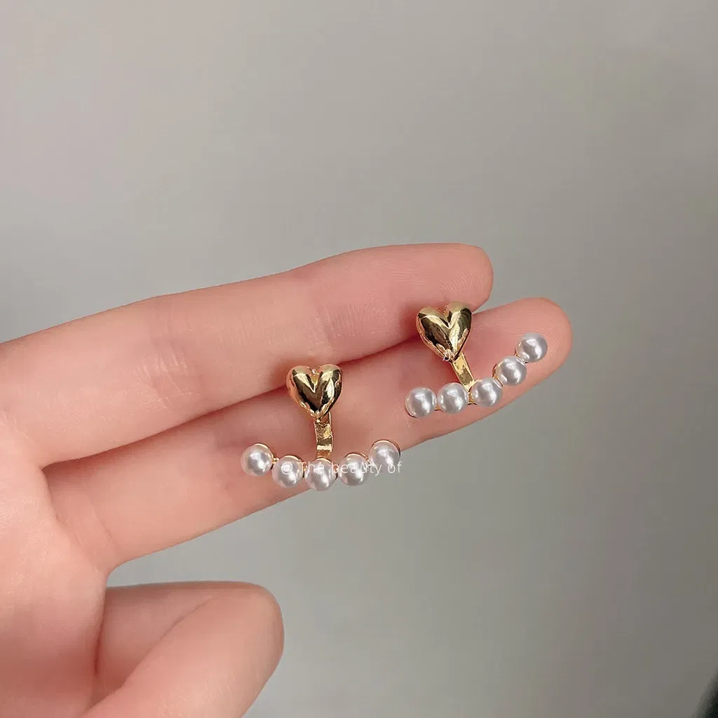 Metal Color: Imitation Rhodium Plated - Imitation Pearl Stud Earrings For Women Alloy Heart Double Sides Back Post Hanging Ear Cuff Valentine's Day Jewelry Girl Gift