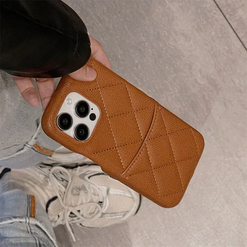 Color: Brown, Material: aluminum - Luxury Lattice Pattern Leather Cover for IPhone 16 15 14 13 Pro Max Credit Card Slot Holder Purse Wallet Shockproof Phone Case