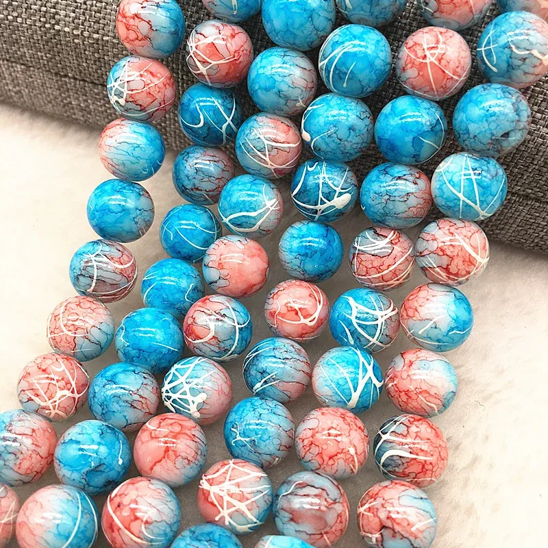 Color: Yellow, Item Diameter: 7mm - Wholesale 4/6/8/10mm Glass Beads Round Loose Spacer Beads Pattern For Jewelry Making DIY Bracelet Necklace