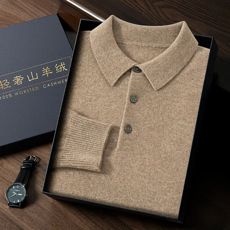Color: Dark Grey, Size: M - High Quality Men's 100% Cashmere POLO Collar Pullover Soft Elastic Autumn Winter Business Casual Solid Color Knitted Sweater