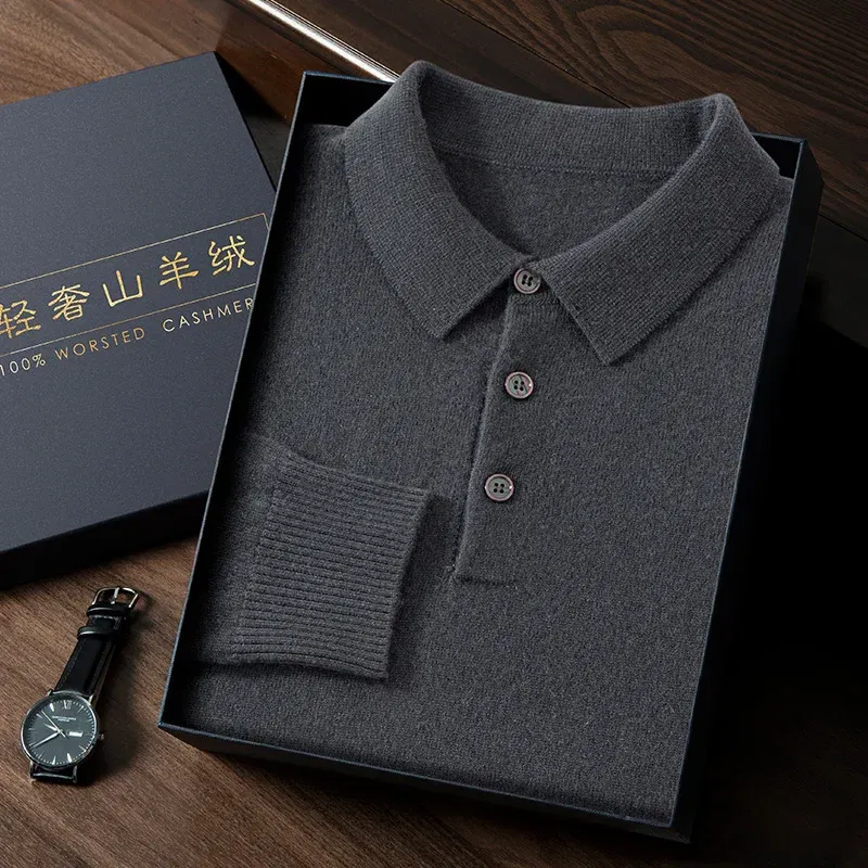 Color: Dark Grey, Size: M - High Quality Men's 100% Cashmere POLO Collar Pullover Soft Elastic Autumn Winter Business Casual Solid Color Knitted Sweater