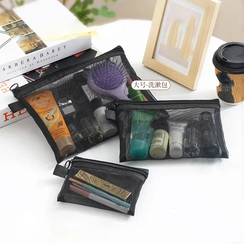 Color: SKY BLUE - Fashion Small Large Black Organizer Toiletry and Makeup Pouch Transparent Mesh Zipper Cosmetic Bag Women Necessary Organizer