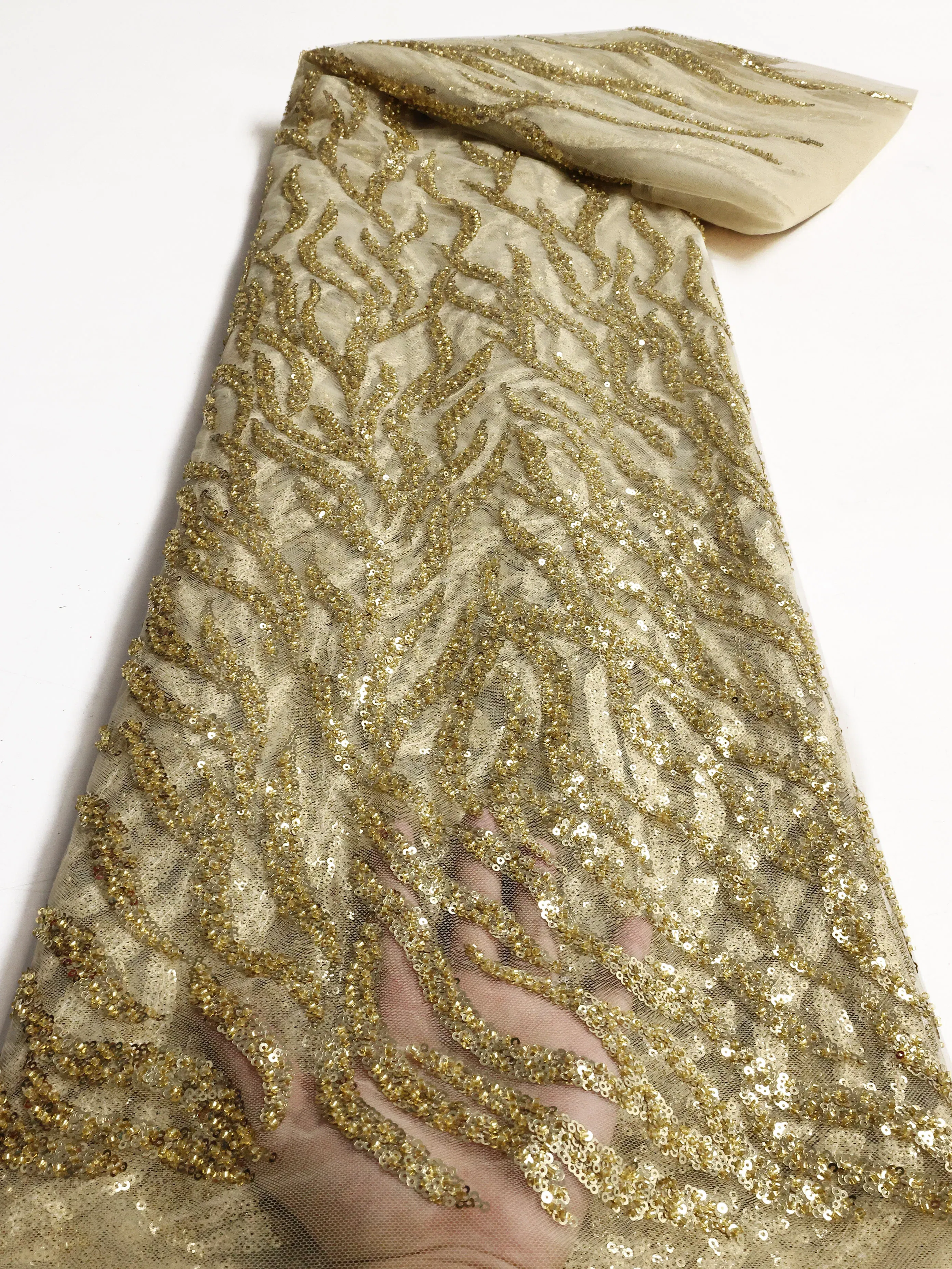 Color: BROWN, length: 5 yards, Width: 120cm - PGC White Beaded Tulle African Lace Fabric Sewing 2024  Swiss Mesh Sequins High Quality Lace Fabrics for Luxury Wedding