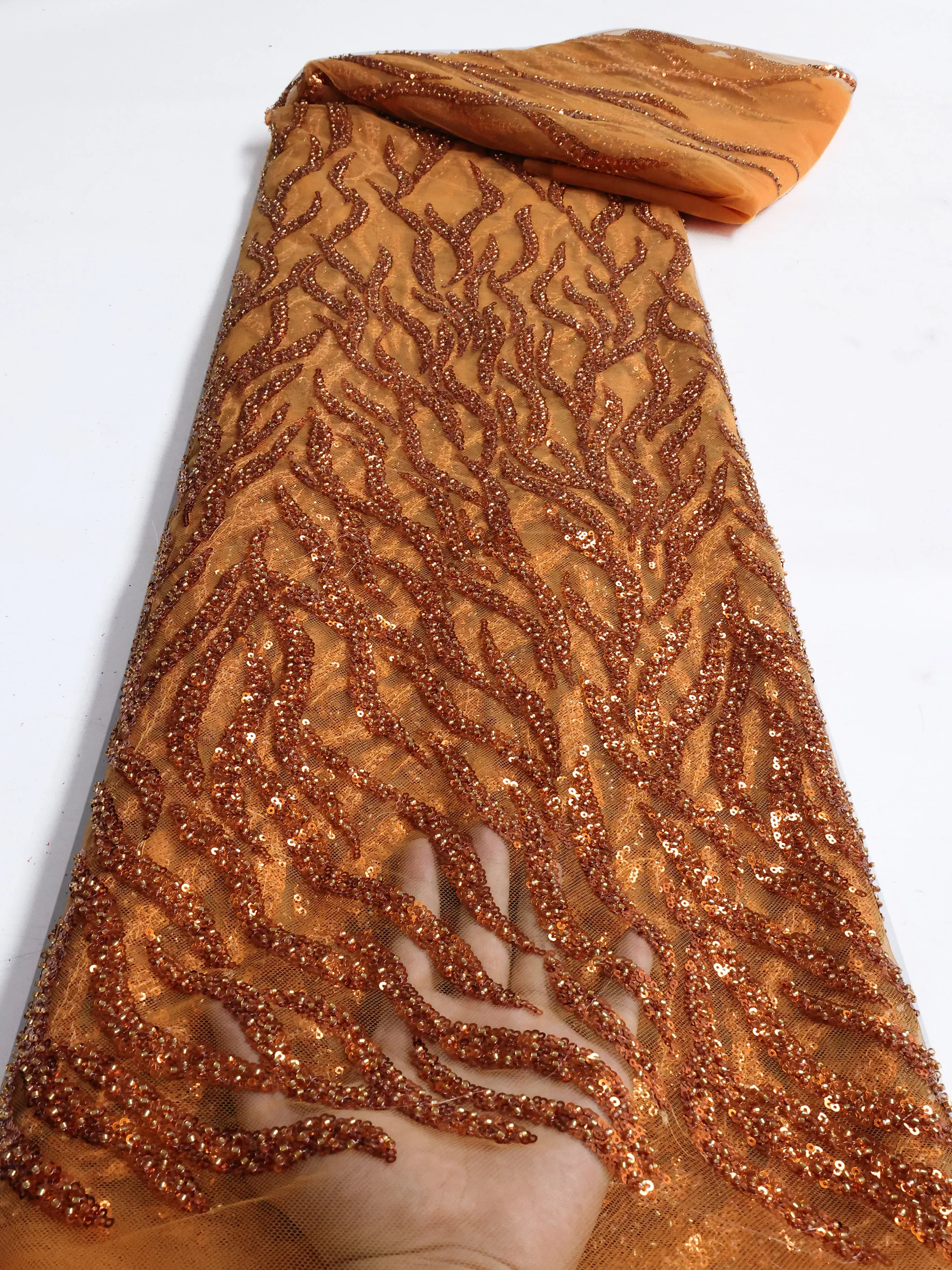Color: BROWN, length: 5 yards, Width: 120cm - PGC White Beaded Tulle African Lace Fabric Sewing 2024  Swiss Mesh Sequins High Quality Lace Fabrics for Luxury Wedding