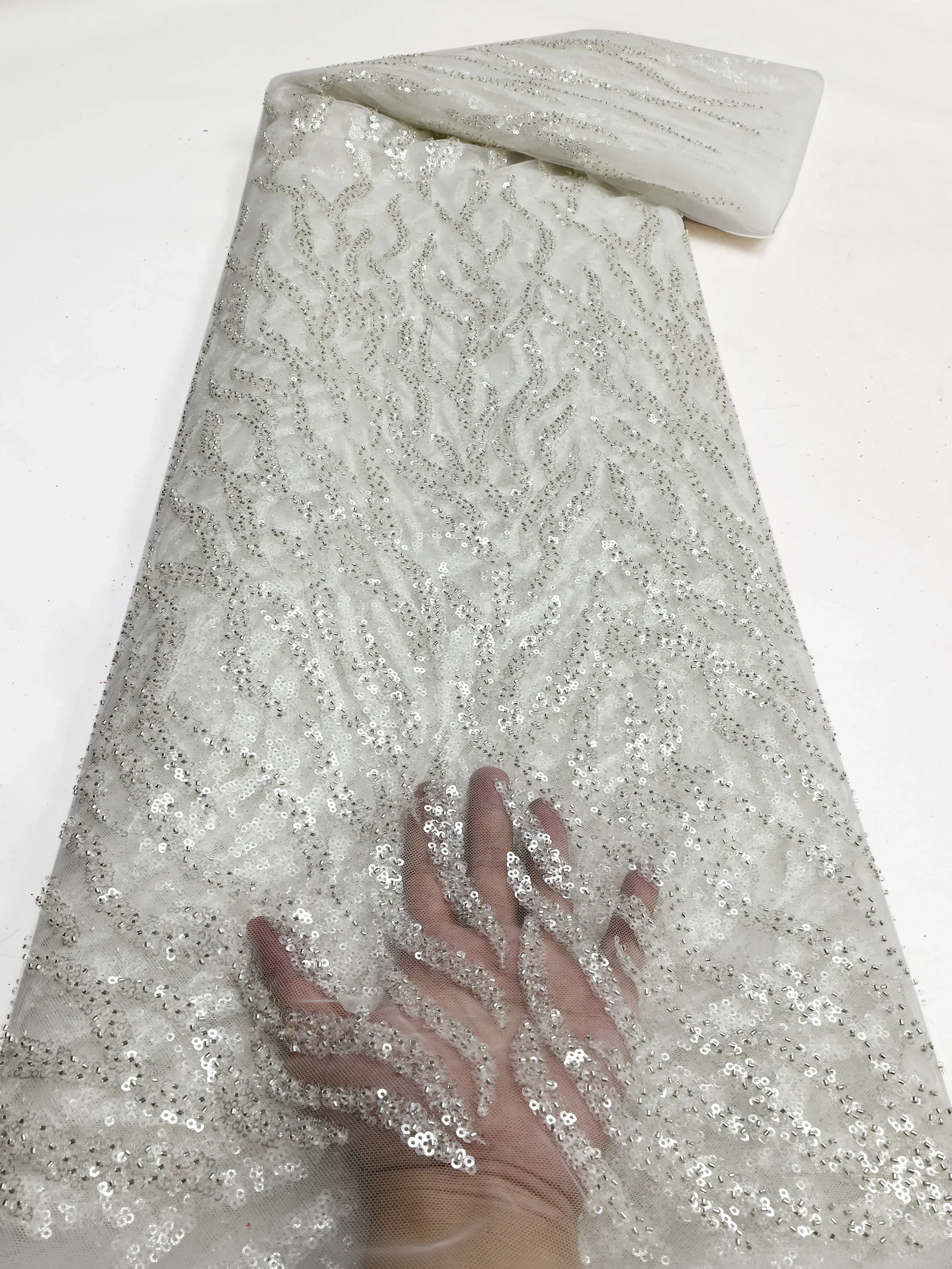 Color: BROWN, length: 5 yards, Width: 120cm - PGC White Beaded Tulle African Lace Fabric Sewing 2024  Swiss Mesh Sequins High Quality Lace Fabrics for Luxury Wedding