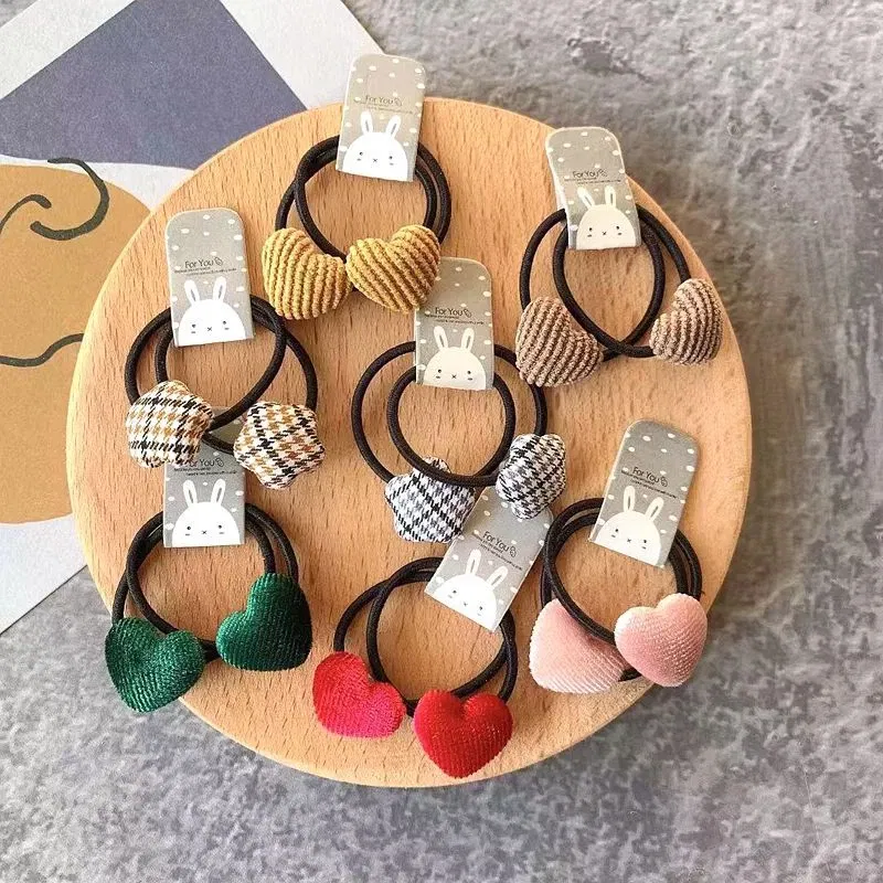 Color: Gold - 2pcs Velvet Heart Plaid Star Button Elastic Hair Bands Rubber Hair Rope Tie Girls Hair Scrunchie Ponytail Holder Gum Accessories