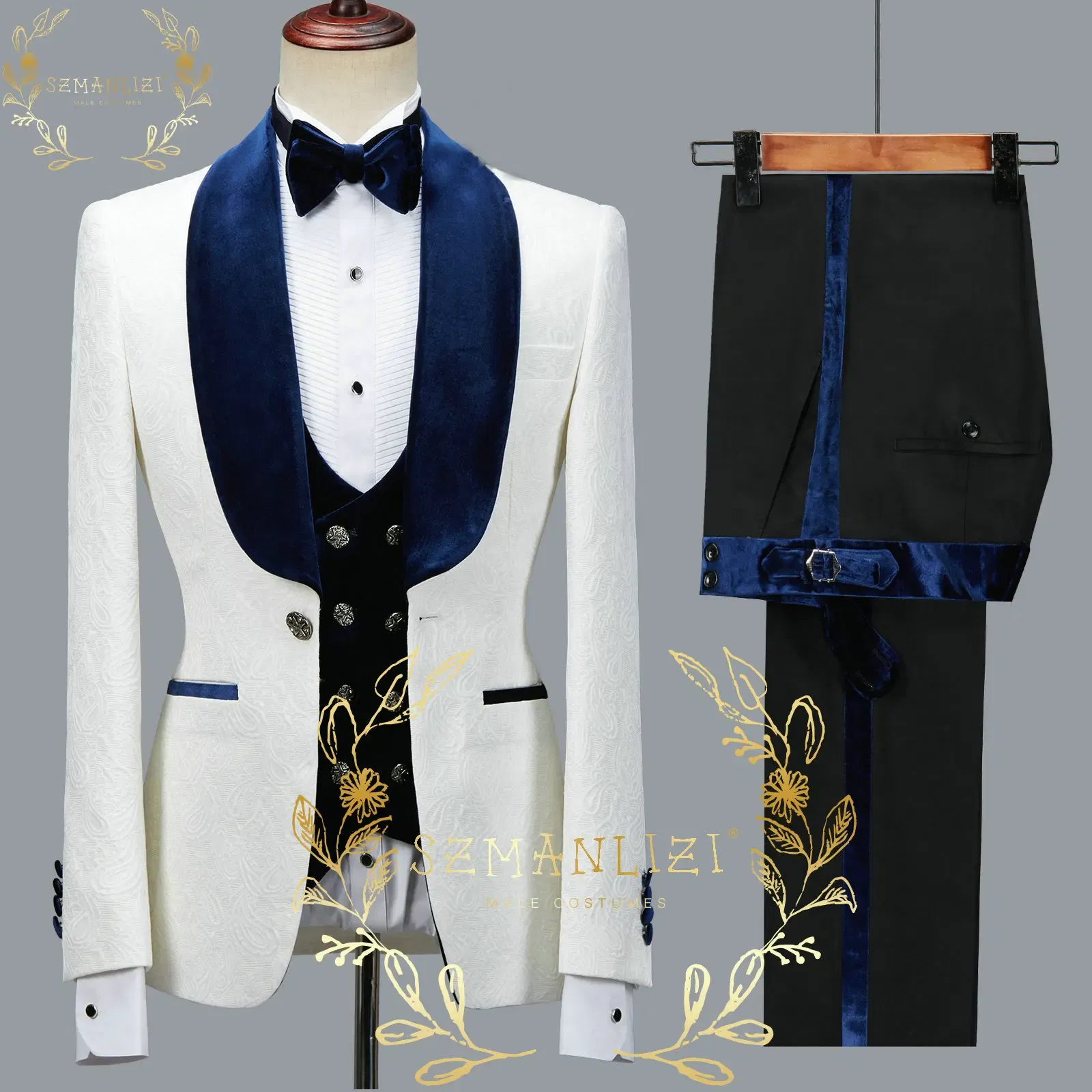 Color: Khaki, Size: XXL - SZMANLIZI 2022 Latest Designs Black Floral Party Blazer Men Suits Costume Homme Groom Tuxedos Wedding Terno Masculino 3 Pieces