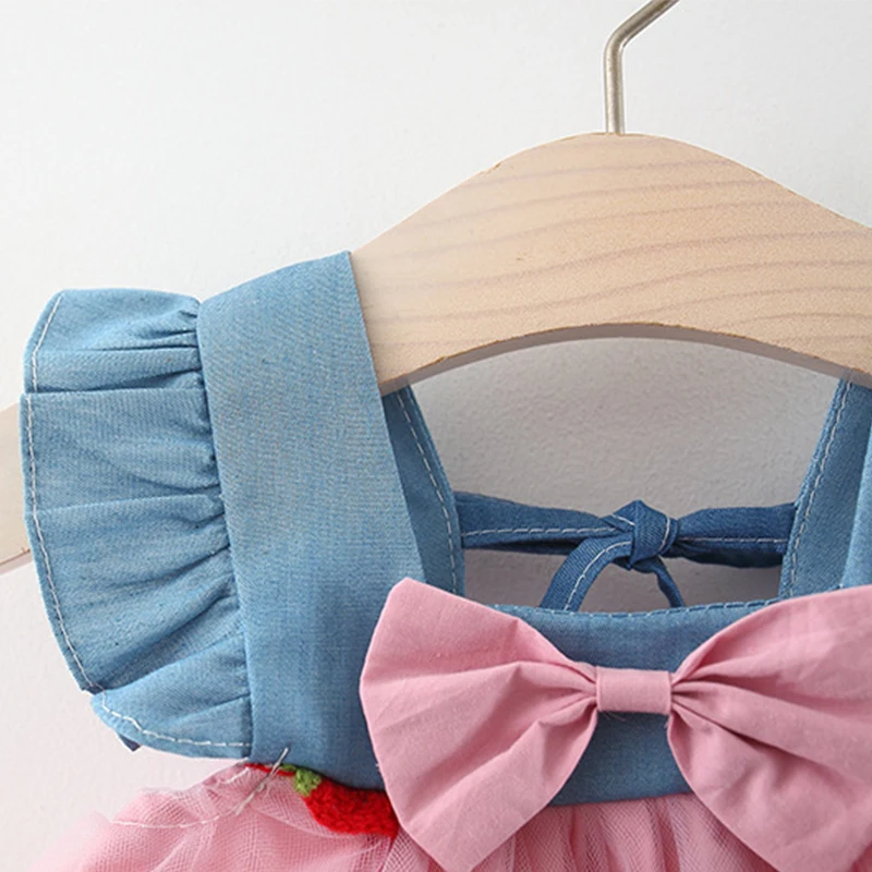 Color: WHITE, Kid Size: 4T - Summer girl dress baby girl small flying sleeves denim top with patchwork strawberry embroidery mesh suspender princess dress