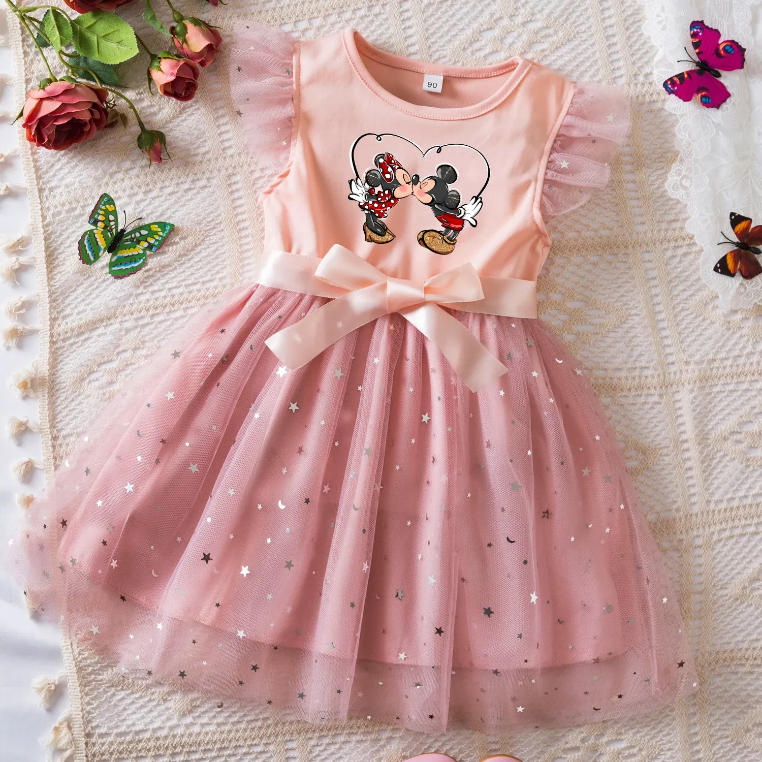Color: Pink, Size: M - Mickey Minnie Mouse Girls Summer Clothes Flying Sleeves Bow Sequin Dress 2-6Y Kid Birthday Tutu Princess Dress for Baby Girl