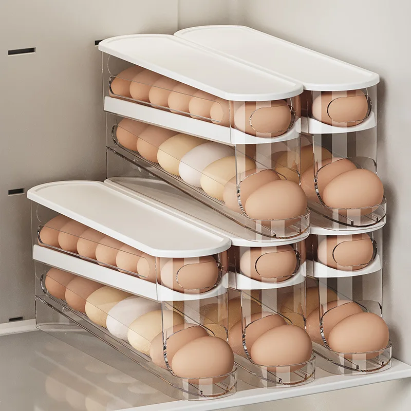 Color: Clear - Bilayer Fridge Egg Storage Box Automatic Rolling Eggs Holder Rack Ladder Style Refrigerator Eggs Dispenser Egg Organizers Holder