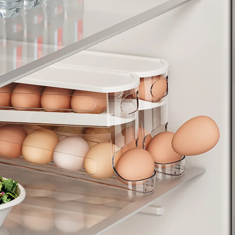 Color: Clear - Bilayer Fridge Egg Storage Box Automatic Rolling Eggs Holder Rack Ladder Style Refrigerator Eggs Dispenser Egg Organizers Holder