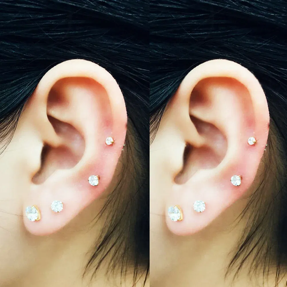 Metal Color: SILVER PLATED, Main Stone Color: WHITE - 1Pc Small Round Cz Tragus Cartilage Titanium Steel 16G 4 Prong Ear Stud Earrings Tragus Helix Piercing Jewelry Sexy Body Jewelry