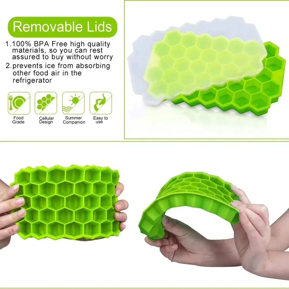 Color: GRAY - 37 Cavity Honeycomb Ice Cube Trays Reusable Silicone Ice Cube Mold BPA Free Ice Maker with Removable Lids