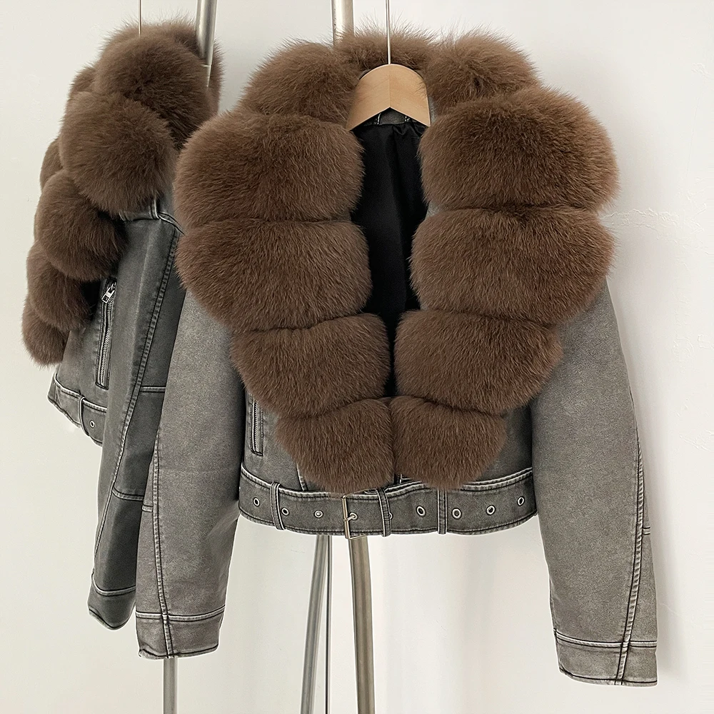 Color: PURPLE, Size: S - Fake Leather Coat New Natural Fox Fur Autumn Short Faux Leather Jacket Female Spring PU Women Long Sleeve Real Fur Coat Thin
