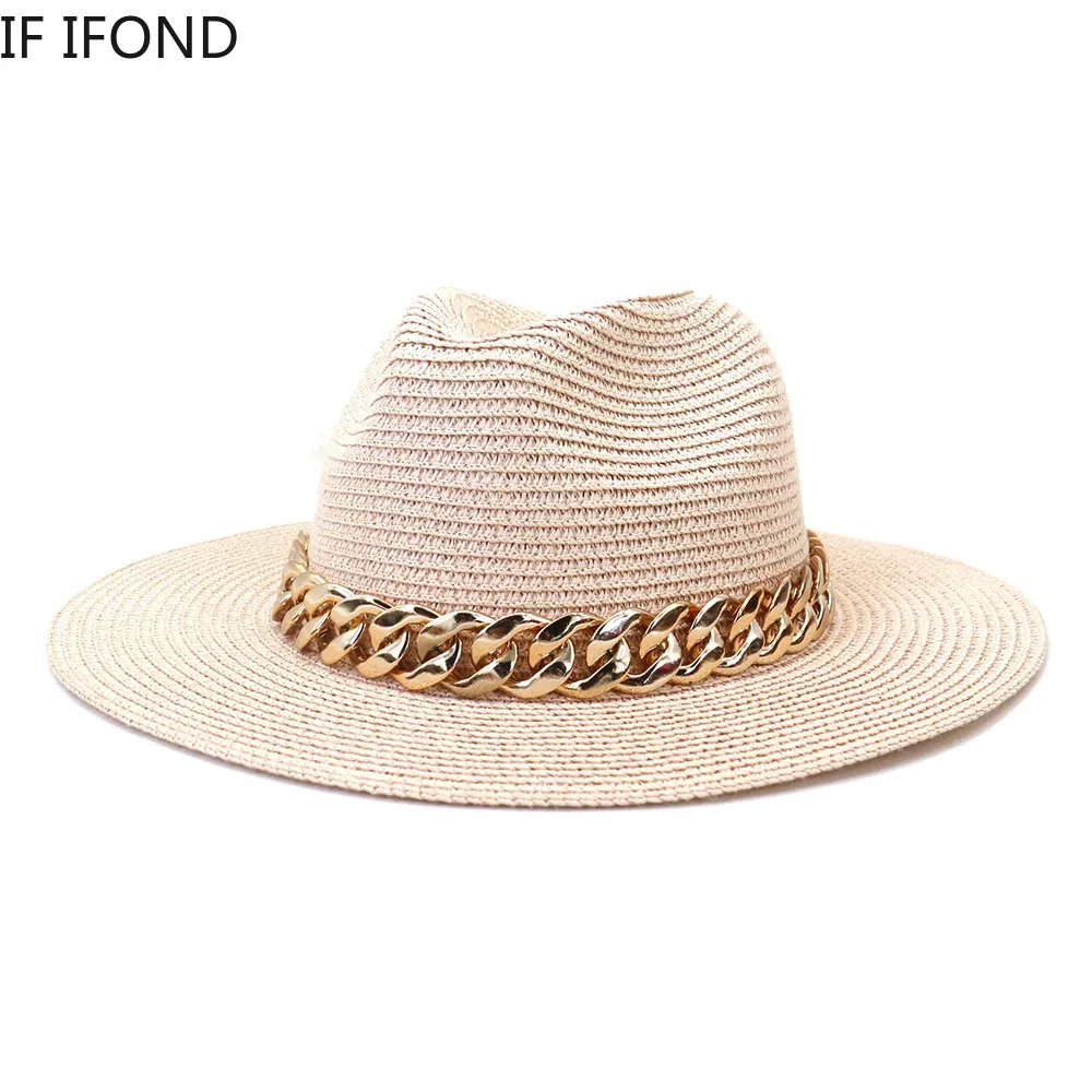Color: Blue, Size: L - Fashion Gold Chain Belt Panama Straw Hats For Women Summer Breathable Beach Sun Hats Elegant Ladies Party Jazz Hat
