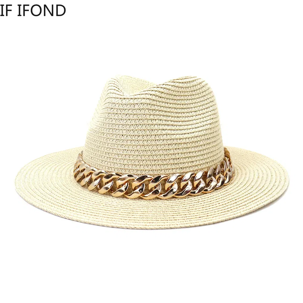 Color: Blue, Size: L - Fashion Gold Chain Belt Panama Straw Hats For Women Summer Breathable Beach Sun Hats Elegant Ladies Party Jazz Hat