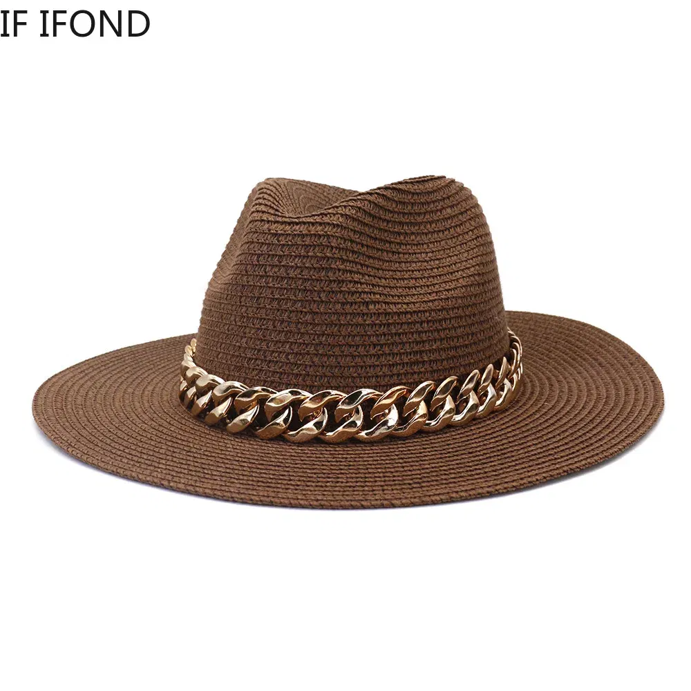 Color: Blue, Size: L - Fashion Gold Chain Belt Panama Straw Hats For Women Summer Breathable Beach Sun Hats Elegant Ladies Party Jazz Hat