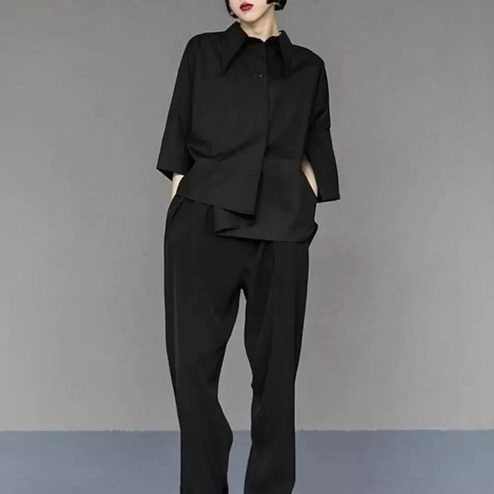 Color: black, Size: L - Men Shirts Irregular Hem Black White Shirts Single Breasted Shorts Sleeves Handsome Blouse Men Women Tops Summer Spring Shirts