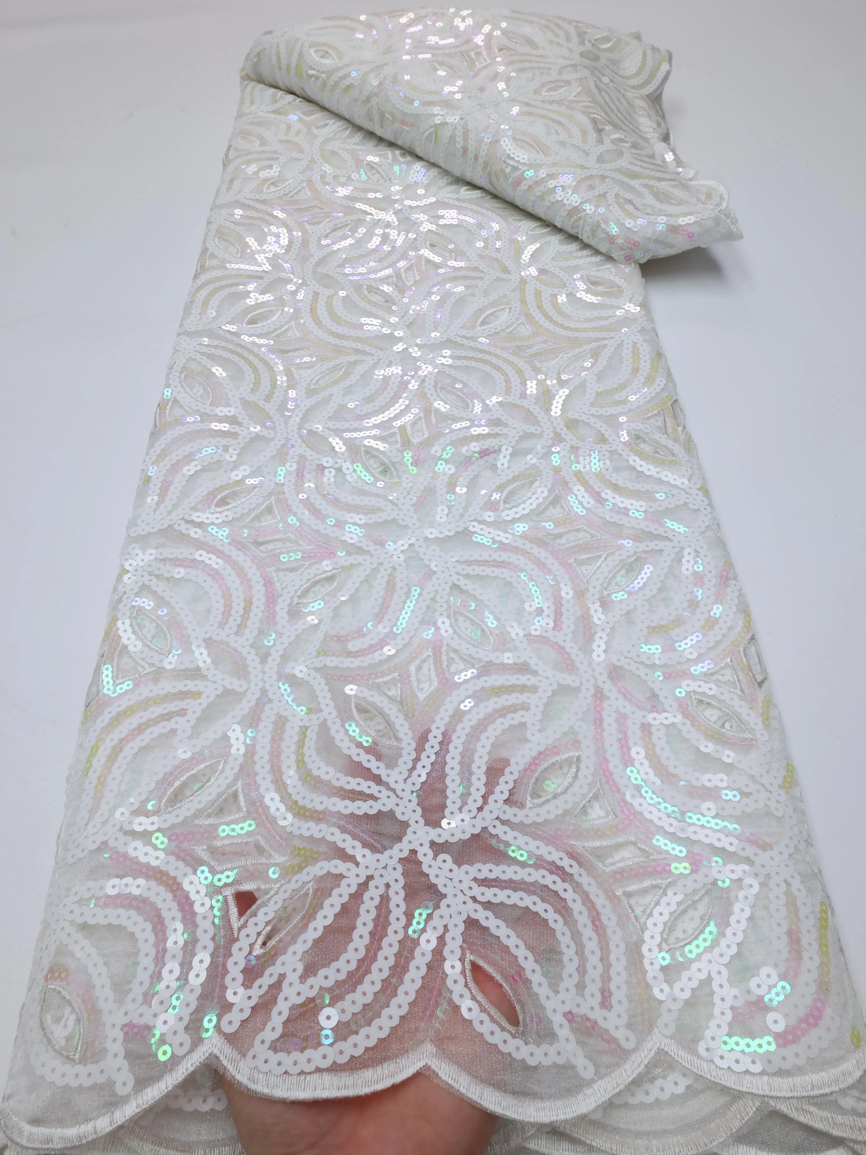 Color: BROWN, length: 5 yards, Width: 120cm - 2025 High grade African Organza Cutout Lace Clean Holed Sequins Voile Fine Textured Nigerian Fabric For Occasions Celebrants