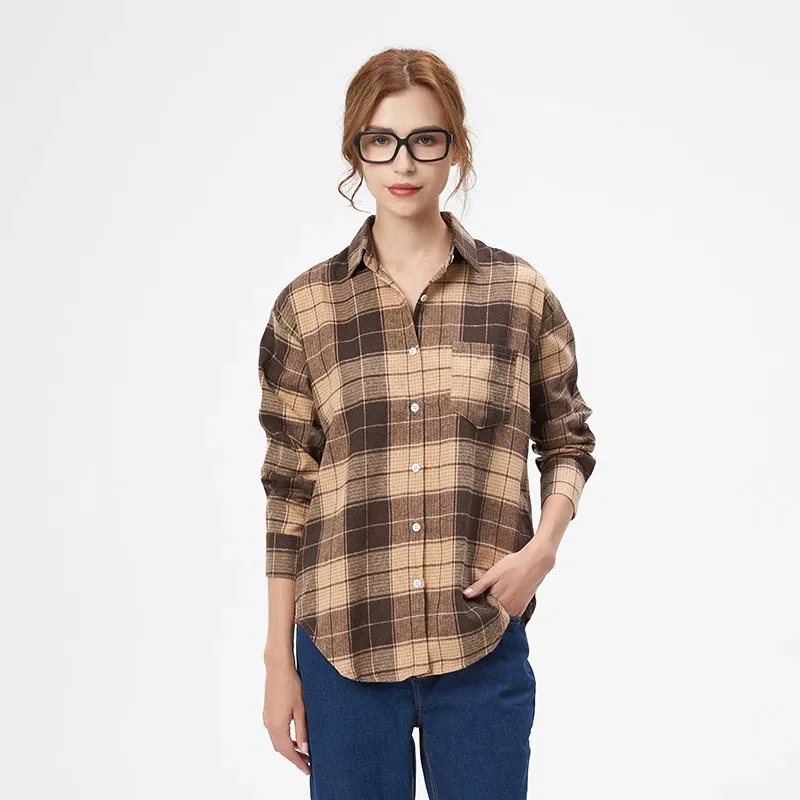 Color: Dark Grey, Size: M - Fresh Flannel Plaid Shirt Women 2024 New Female Blouses and Tops Cotton Loose Long Sleeve Casual Shirts Fine Women's Clothes