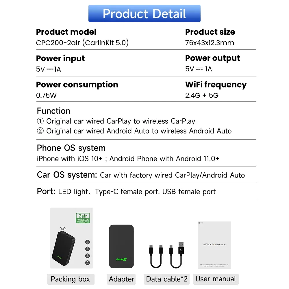 Color: black, Ships From: CHINA - Carlinkit 5.0 2air CarPlay Android Auto Wired to Wireless Adapter for Carplay Android Auto BLE WIFI Wireless