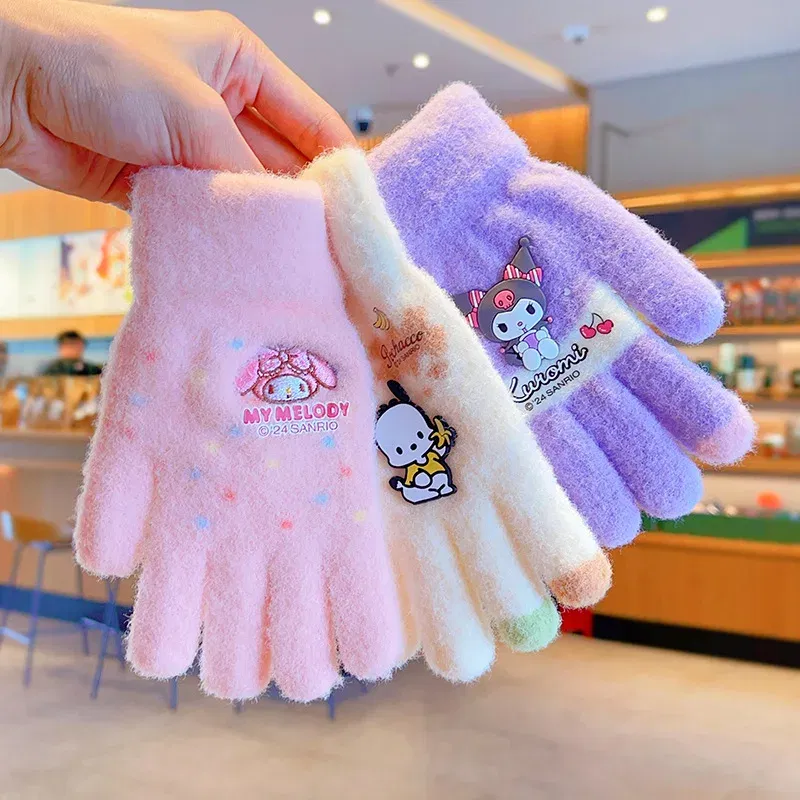 Color: Fluorescent Green - Sanrio Gloves Kawaii My Melody Kuromi Cold-Proof Winter Finger Gloves Plush Screen Touch Warm Children Toddler Christmas Gifts