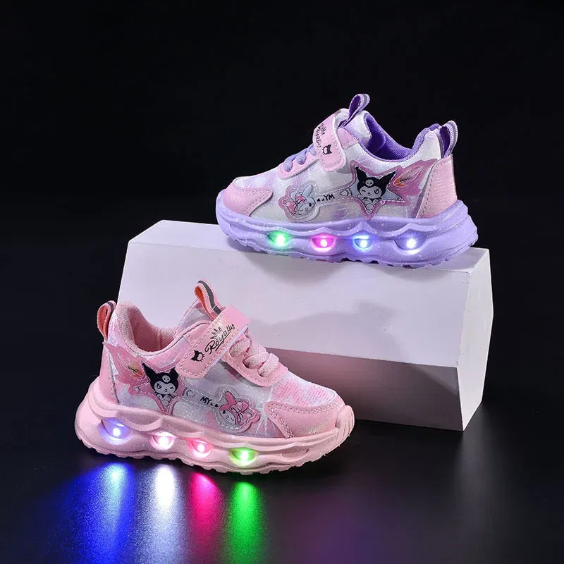 Color: Pink, Shoe Size: 9 - Kids'Casual Shoes Girls Led Light Cartoon PU Leather Spring Fashion Flat Bottom Anti-slip Soft Bottom Pink Purple Size 21-30