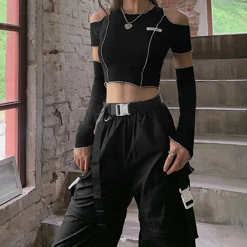 Color: black, Size: L - Patchwork Black T-shirts Gothic One Shoulder Sleeve Y2k Crop Tops Ruffles Hem Hip Hop Techwear Women Tees