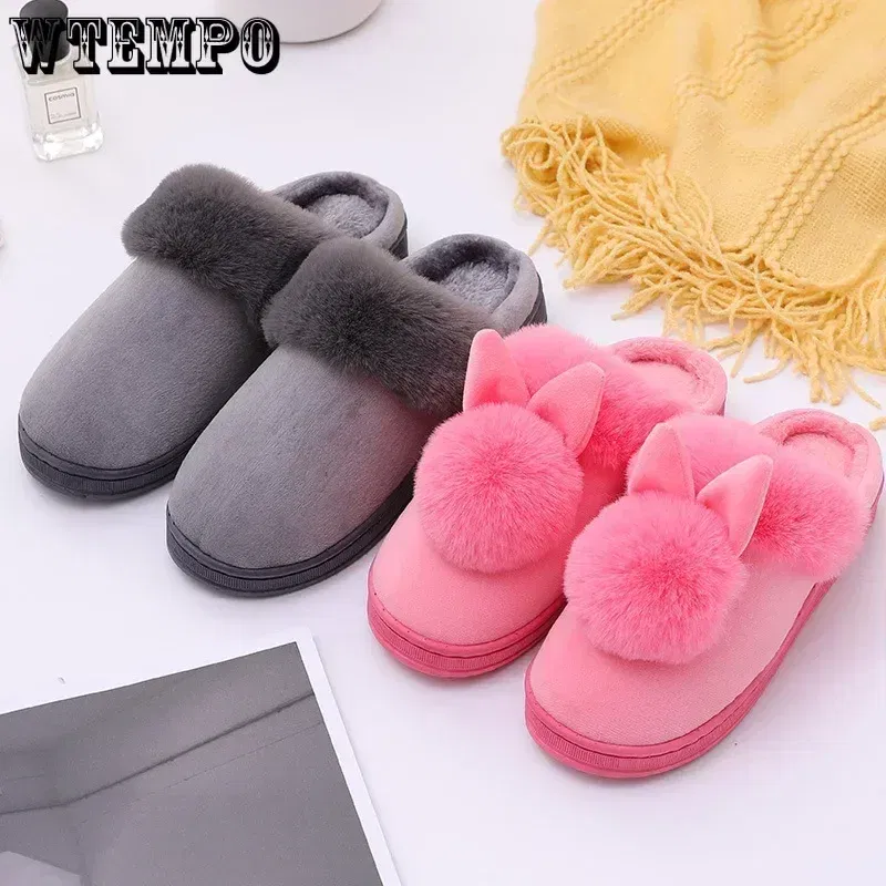 Color: GRAY, Shoe Size: 4 - WTEMPO Fluffy House Shoes Women Winter Warm Slippers Cute Rabbit Ears Female Furry Plush Slippers Home Indoor Ladies Soft Shoes