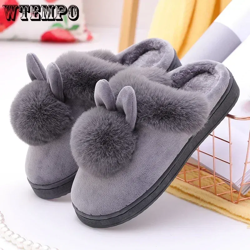 Color: GRAY, Shoe Size: 4 - WTEMPO Fluffy House Shoes Women Winter Warm Slippers Cute Rabbit Ears Female Furry Plush Slippers Home Indoor Ladies Soft Shoes