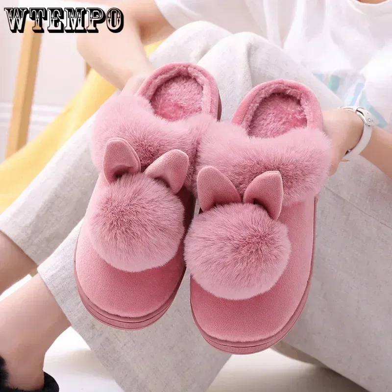 Color: GRAY, Shoe Size: 4 - WTEMPO Fluffy House Shoes Women Winter Warm Slippers Cute Rabbit Ears Female Furry Plush Slippers Home Indoor Ladies Soft Shoes
