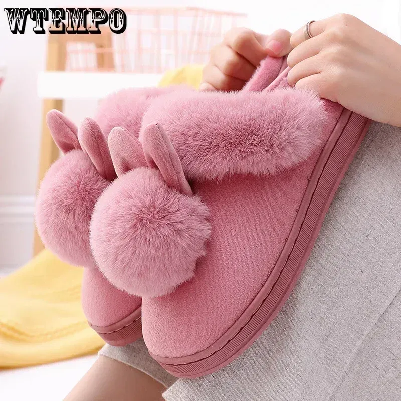 Color: GRAY, Shoe Size: 4 - WTEMPO Fluffy House Shoes Women Winter Warm Slippers Cute Rabbit Ears Female Furry Plush Slippers Home Indoor Ladies Soft Shoes