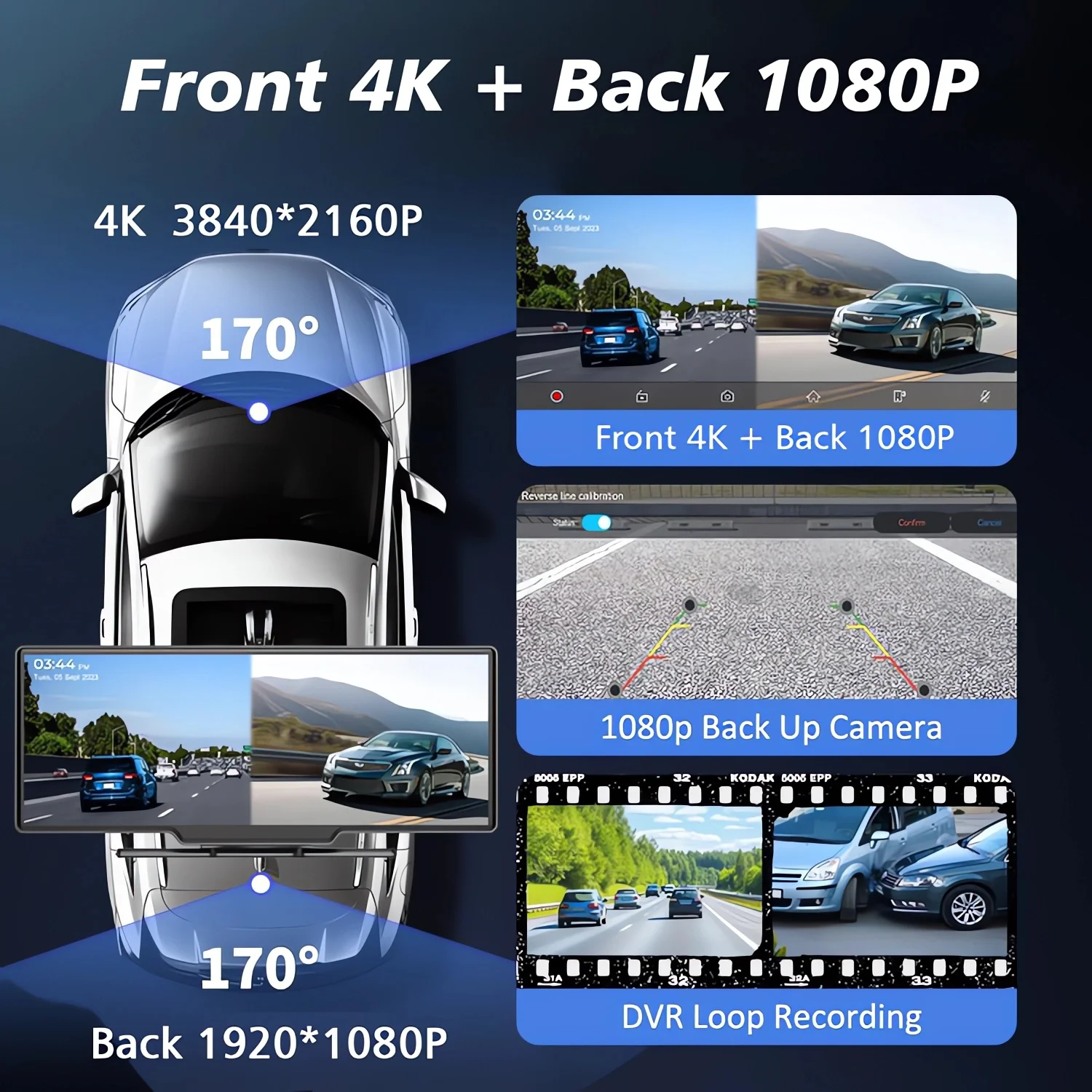 64G - Car Dvr 10.26 Inch 4K 3840*2160P Carplay Android Auto Dash Cam GPS 5G WIFI FM BT Dual Lens Camera Dashcam Drive Recorder
