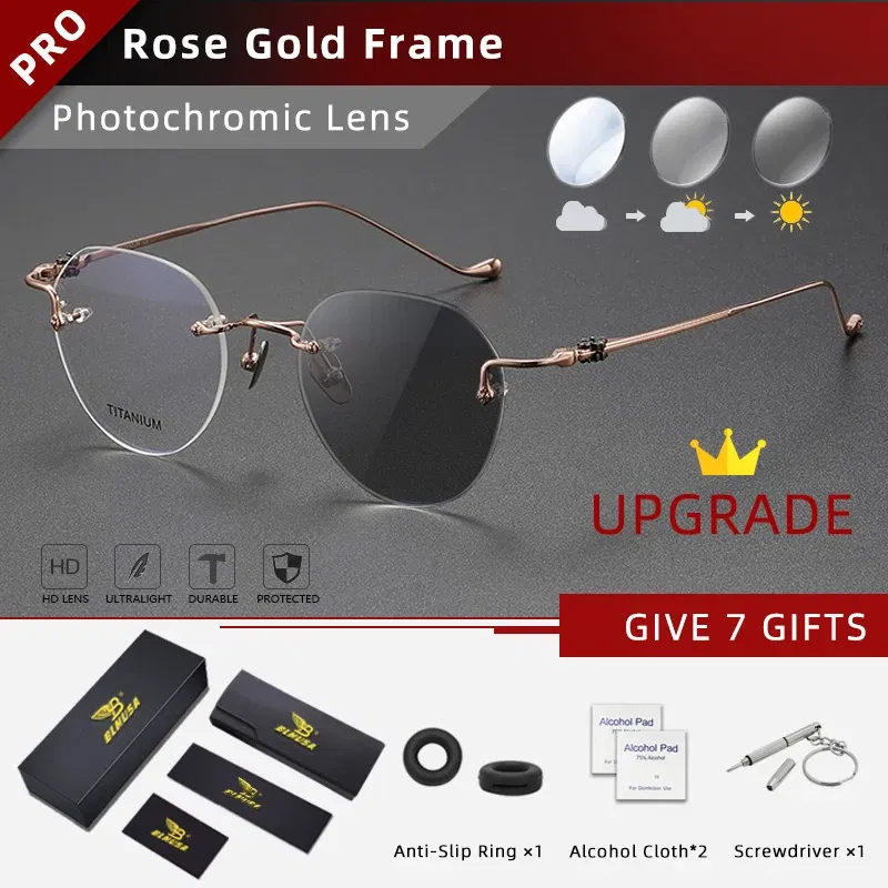Frame Color: Red, Eye Prescription: 0 - BLMUSA Pure Titanium Rimless Anti-blue Light Reading Glasses for Men Round Photochromic Optical Prescription with MR-8 lens