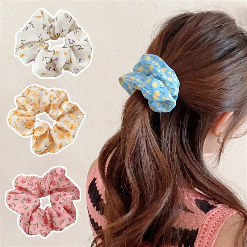 Color: Blue - Gentle Sweet Women Floral Hair Ties Scrunchies Tulip Rose Flower Hair Rope Summer Ponytail Holder Rubber Band Hair Accessories