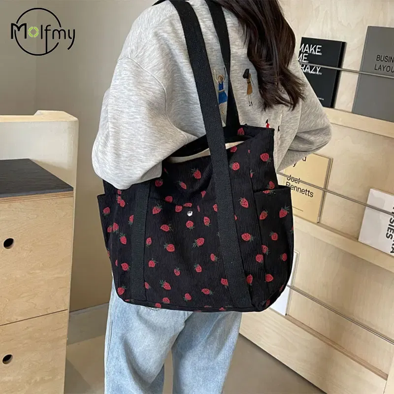 Color: Beige - Strawberries Corduroy Handbag Sweet Women's Bag Fashionable Versatile Shoulder Bag Beautiful Simple Commuter Women's Tote Bags