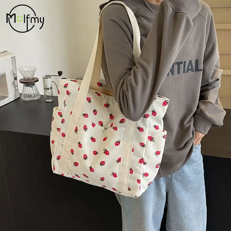 Color: Beige - Strawberries Corduroy Handbag Sweet Women's Bag Fashionable Versatile Shoulder Bag Beautiful Simple Commuter Women's Tote Bags