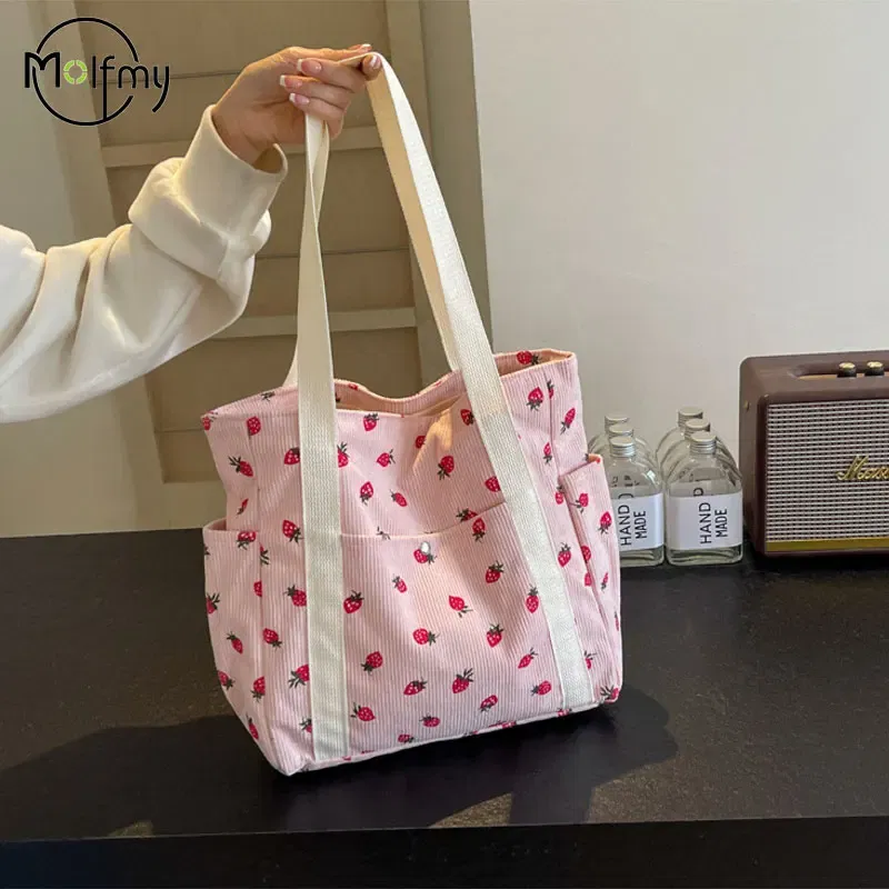 Color: Beige - Strawberries Corduroy Handbag Sweet Women's Bag Fashionable Versatile Shoulder Bag Beautiful Simple Commuter Women's Tote Bags