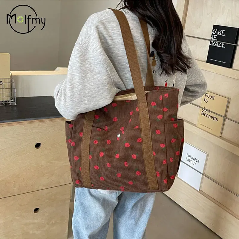 Color: Beige - Strawberries Corduroy Handbag Sweet Women's Bag Fashionable Versatile Shoulder Bag Beautiful Simple Commuter Women's Tote Bags