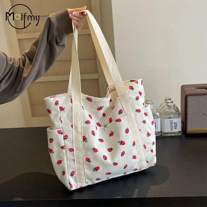 Color: Beige - Strawberries Corduroy Handbag Sweet Women's Bag Fashionable Versatile Shoulder Bag Beautiful Simple Commuter Women's Tote Bags