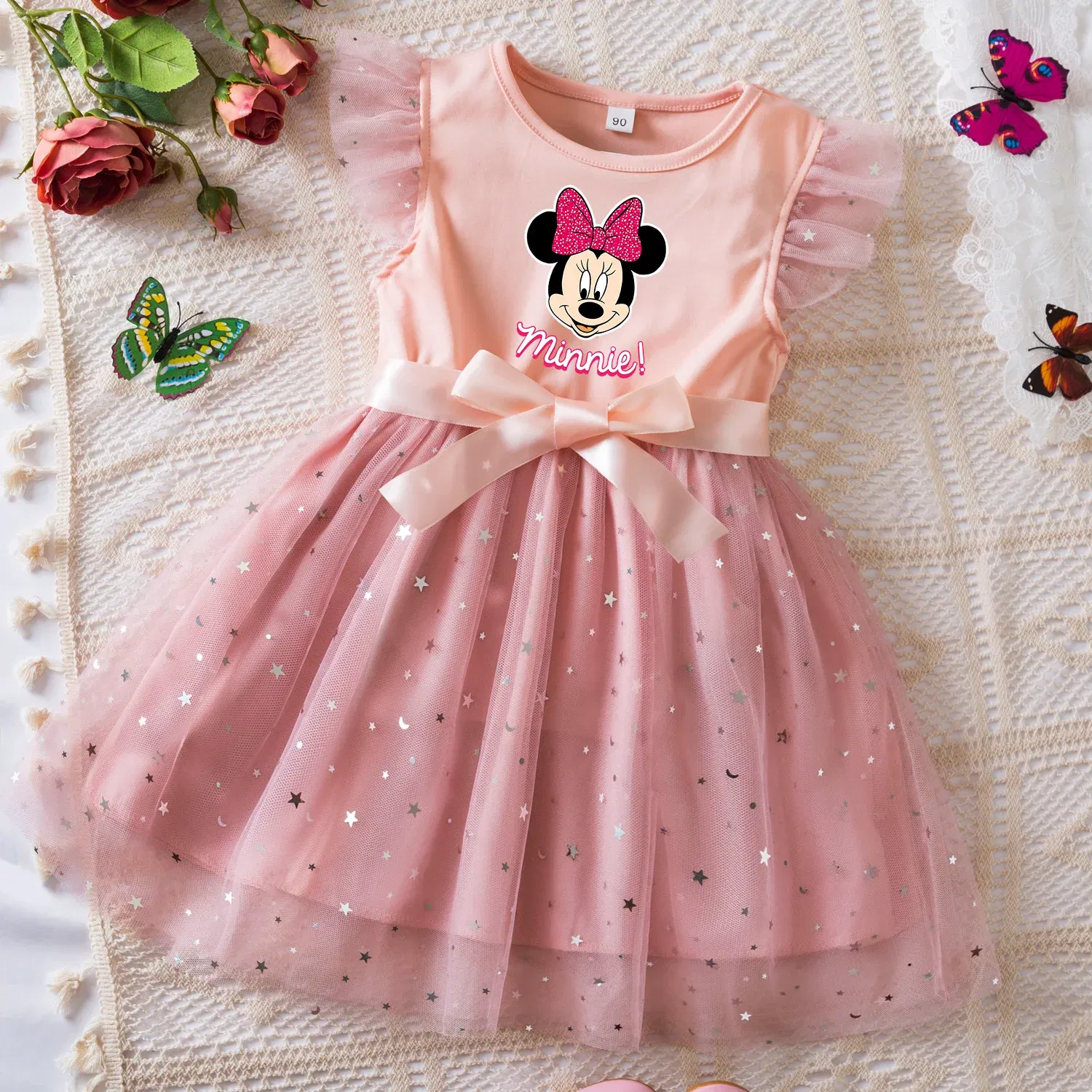 Color: Blue, Size: S - Mickey Minnie Mouse Girls Summer Clothes Flying Sleeves Bow Sequin Dress 2-6Y Kid Birthday Tutu Princess Dress for Baby Girl