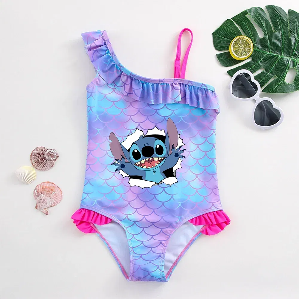 Color: PURPLE, Size: M - Stitch Girls Swimsuit Fashion Mermaid Fish Scale One-Piece Bathing Suits Children's Dresses Summer Swimwear Beach Suit Kids Wear