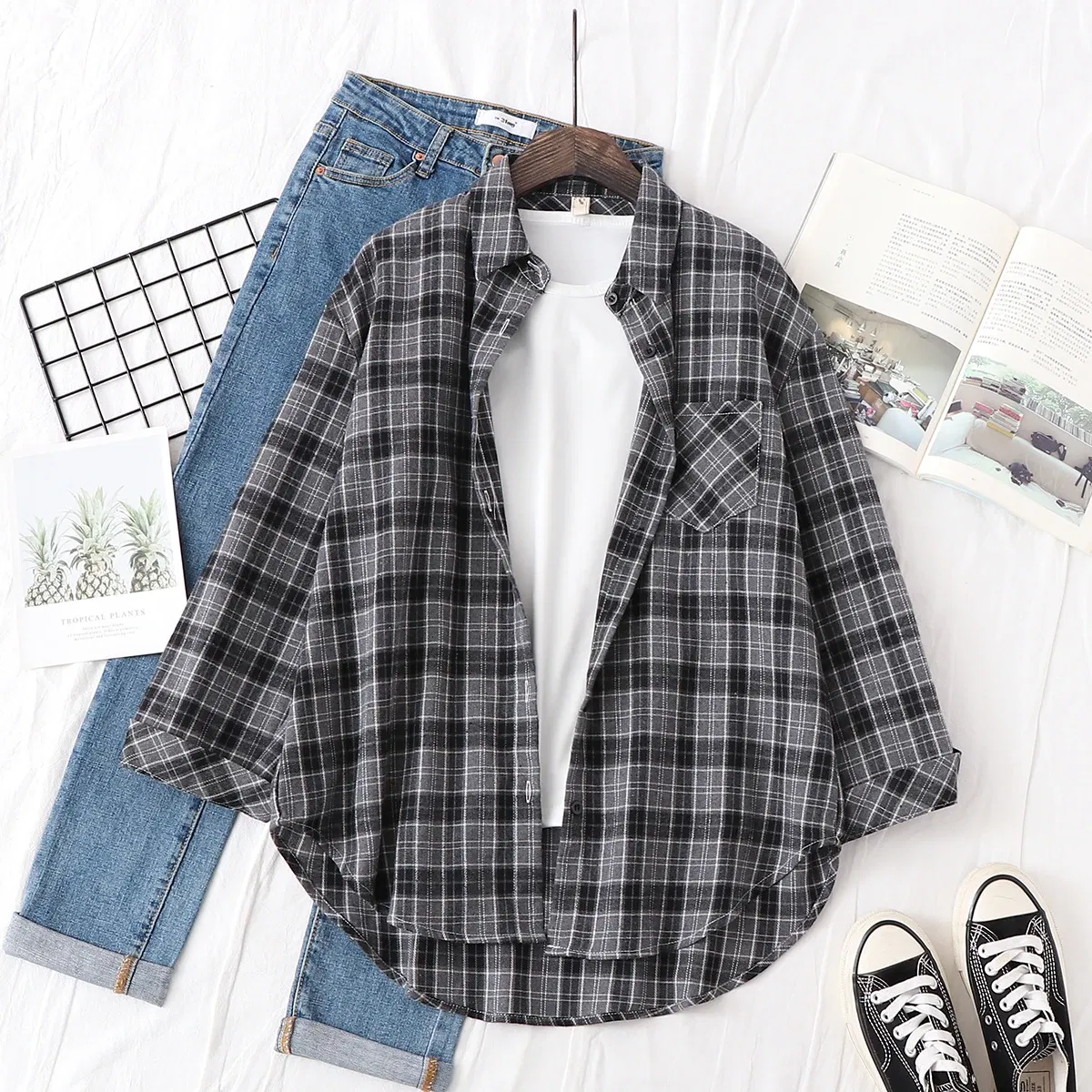 Color: black, Size: L - Fresh Flannel Plaid Shirt Women 2025 New Female Blouses and Tops Cotton Loose Long Sleeve Casual Shirts Fine Women's Clothes