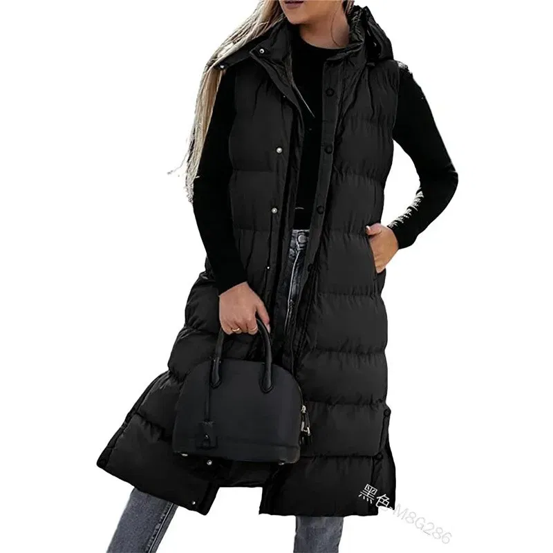Color: black, Size: XXXL - Hooded Zipper Jacket Women Oversize Waistcoat Winter Outerwear Hooded Parka Fashion Quilted Vest Casual