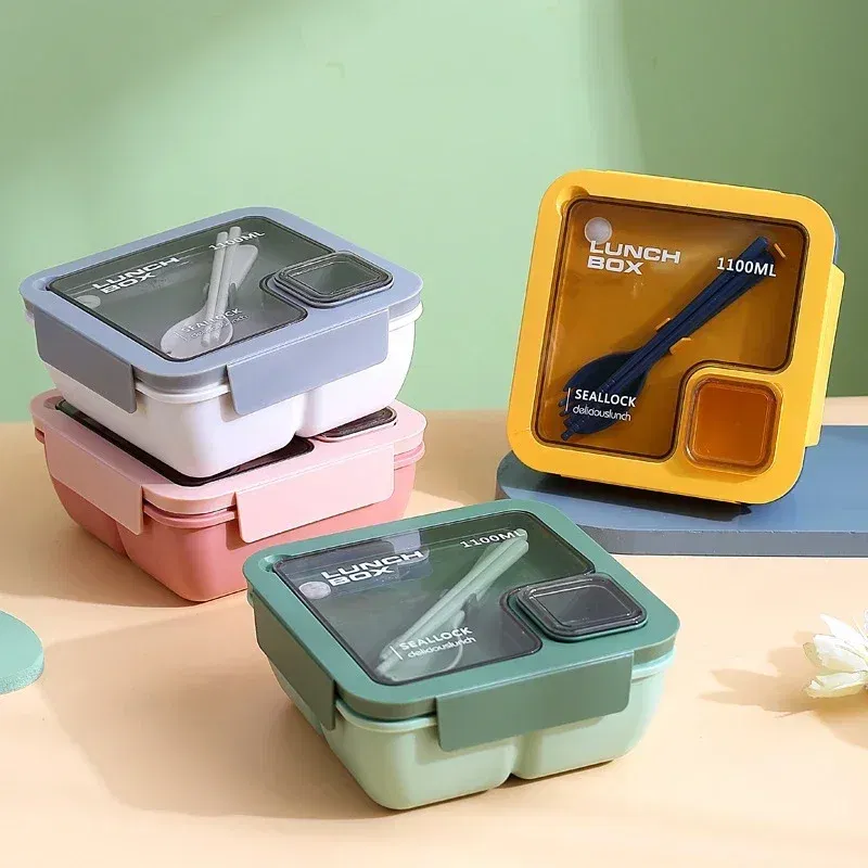 Color: green - Portable Lunch Box Lunch Bags for Children School Office Bento Box with Tableware Thermal Bag Complete Kit Microwavable Heating